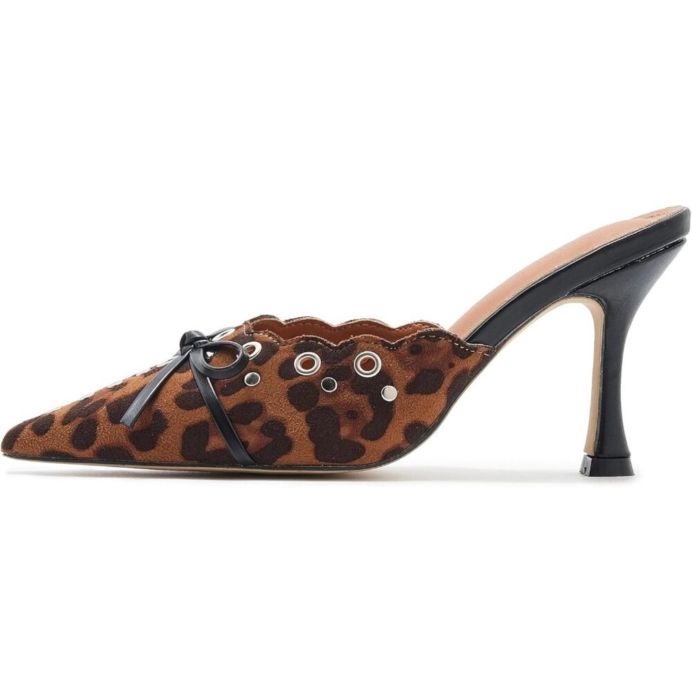 Women's Leoaprd Bow Tie Suede Stiletto Heels Mule Pointed Toe Studs Slide Heeled